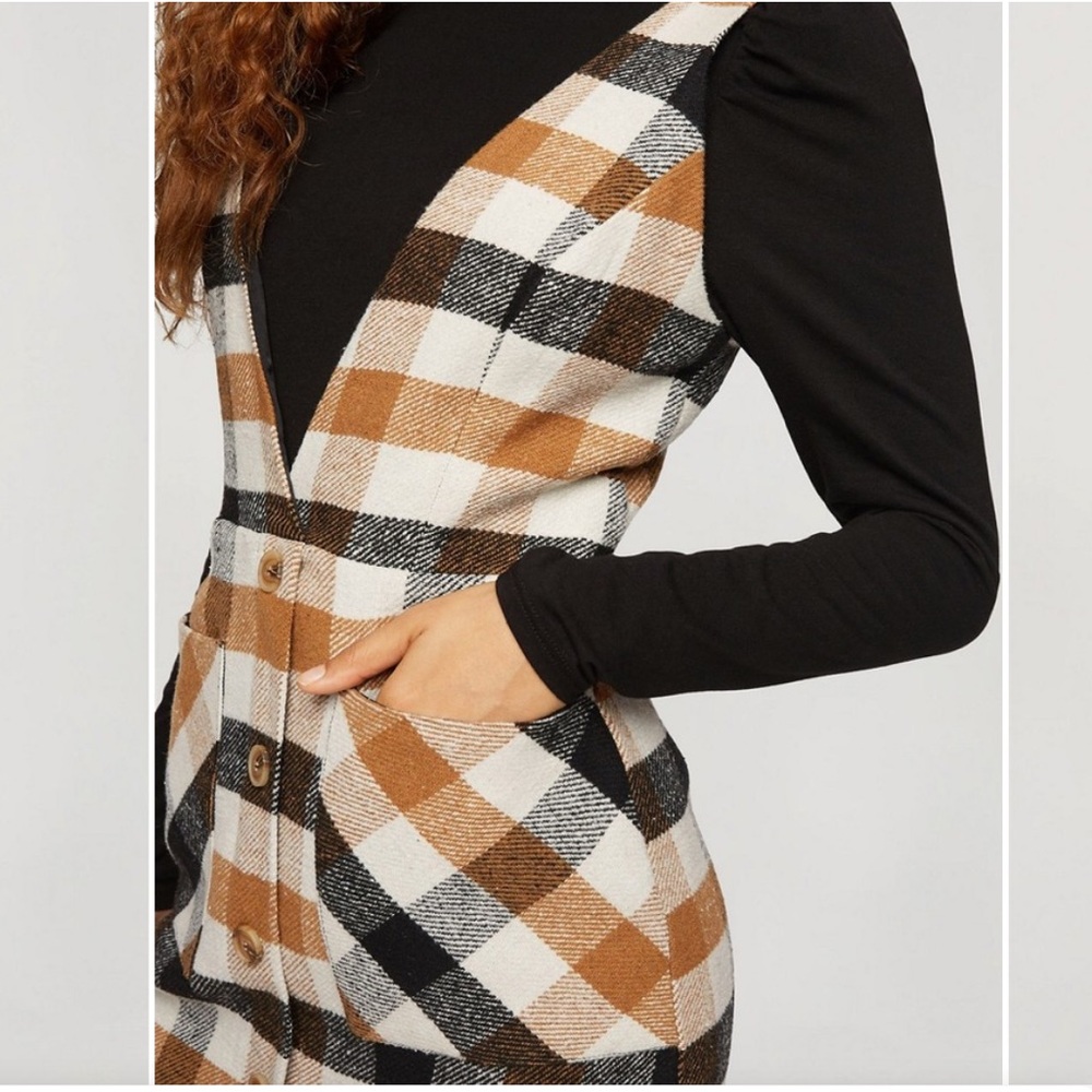 Miss Selfridge Camel Check Pinafore Dress Jumper Petite XS UK 8 US 4 - Picture 3 of 12